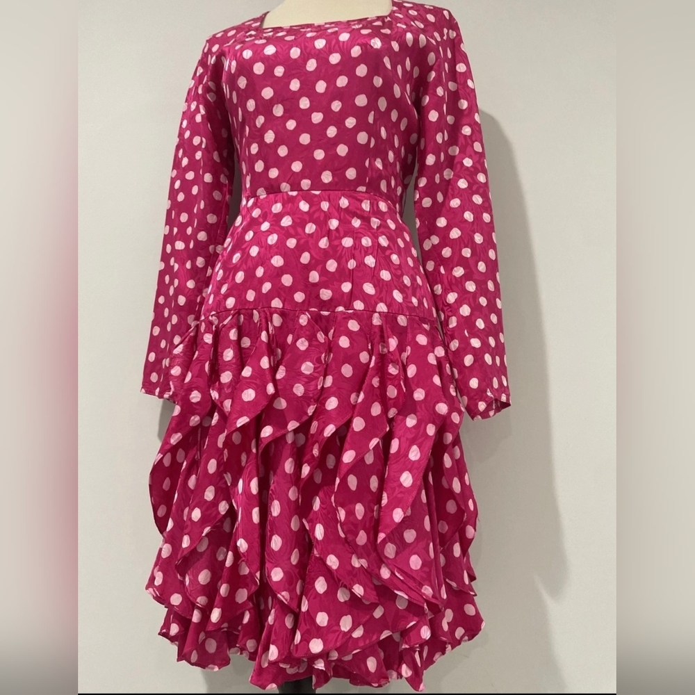 Barbiecore  Vtg Gillian Pink White  Ruffled Polka Dot Long Sleeve Silk Dress 2